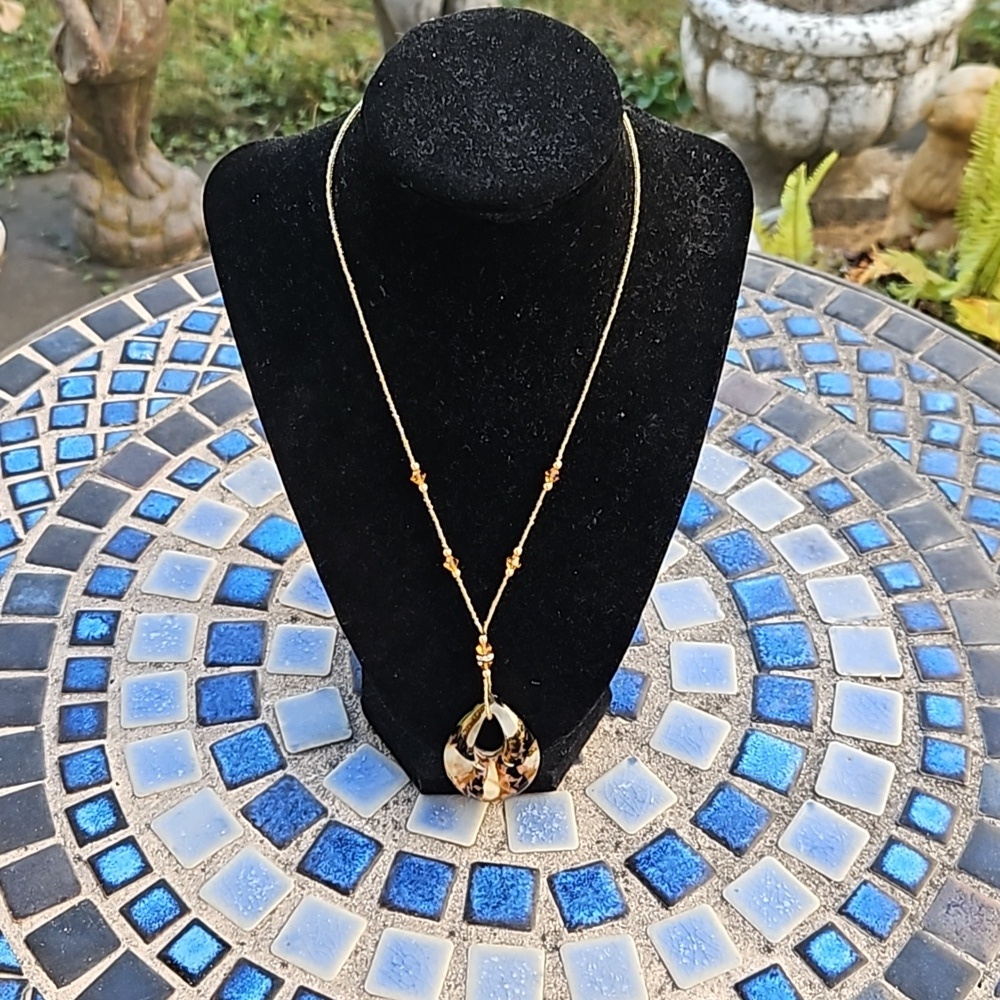 Goldtone Chain Glass Gold Black White Pendant. Made in Italy. Murano.